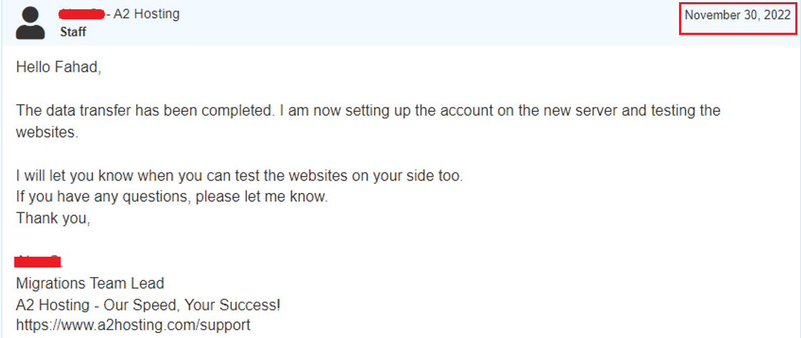A2 hosting data transfer
