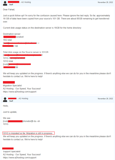 A2 Hosting Technical Team Reply on Migration to Another Server
